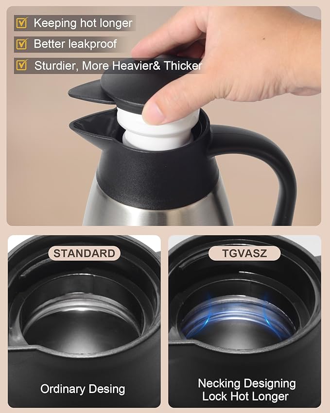 70Oz Thermal Coffee Carafe for keeping hot, 2 PCS Updated Carafe for hot liquid, Insulated Coffee Carafe Stainless Steel Thermal Pot for Coffee, Hot Water,Keep Hot 12 Hours (silver+silver)