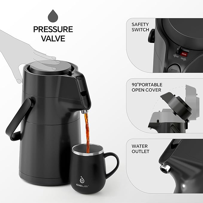 IDEUS Thermal Coffee Carafe 74oz (2,200ml), Stainless Steel Double Wall Insulated Vacuum Flask, Water Jug Coffee Server and Beverage Dispenser, Heat and Cold Retention (Black, 74oz (2,200ml))