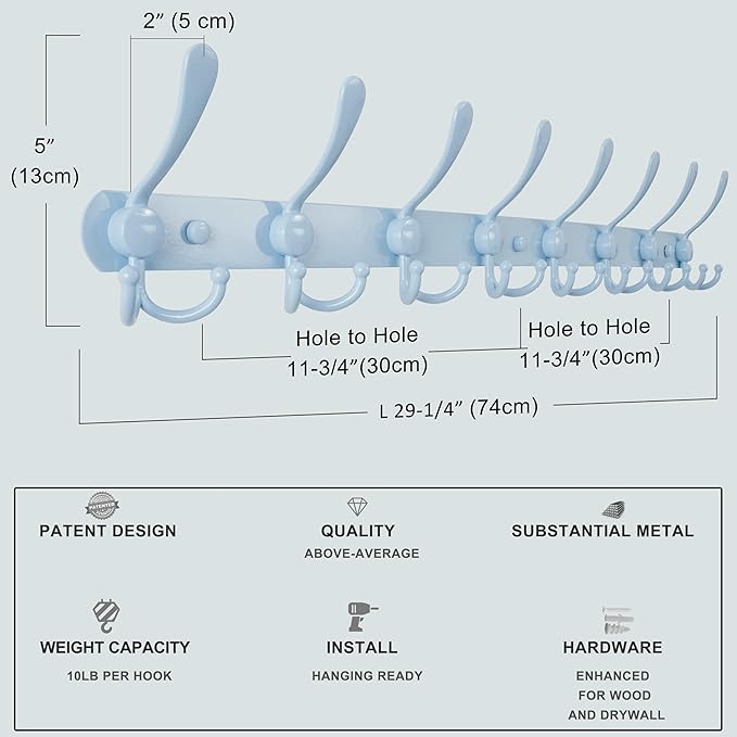 Dseap Coat Rack Wall Mount - 29.5” Long 8-Tri-Hooks Heavy Duty Coat Hanger Rail Wall Hooks for Hanging Coats Hats Clothing Clothes Purse Mudroom Entryway, Blue