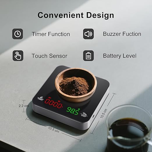 QP Mini Coffee Scale with Timer, 2kg/0.1g Accuracy Rechargeable Digital Espresso Scale with Timer, 3 Modes Digital Gram Scale for Coffee, g/ml/oz/lb, Capacitive Touch Control, Tempered Glass Surface