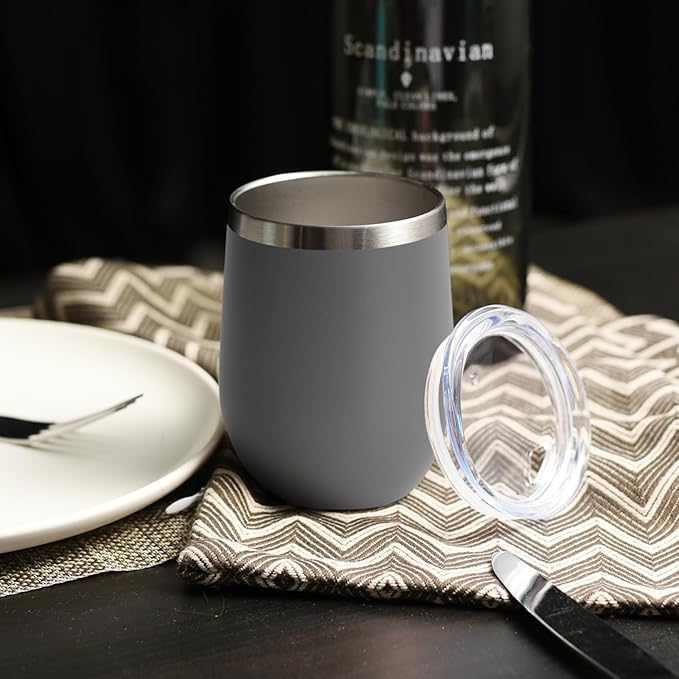 DOMICARE Stainless Steel Wine Tumbler Bulk with Lid, Personalized Insulated Tumblers Set, 12oz Travel Coffee Cups Pack of 4, Gray