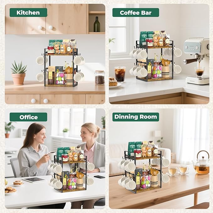 EsLuker.ly 2 Tier Coffee Mug Holder Station Bar Organize Countertop, Mug Cup Tree Rack for Kitchen Office, Storage Shelf with 12 Removable Hooks, Creat Stylish Coffee Corner