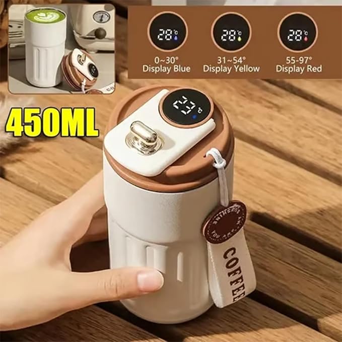 450ml Stainless Steel Travel Mug with Temperature Display - Vacuum Insulated Bottle, Stainless Steel Insulated Cup, Portable Coffee Bottle Cap, Coffee Cup Smart Travel Mug (Coffee)