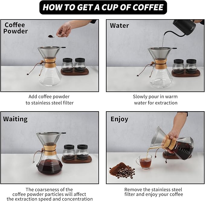 Mongdio 34oz/1000ml Pour Over Coffee Maker with Reusable Stainless Steel Filter and Wooden Collar Holder, 6-8 Cups Borosilicate Glass Coffee Maker for Camping Home, Clear