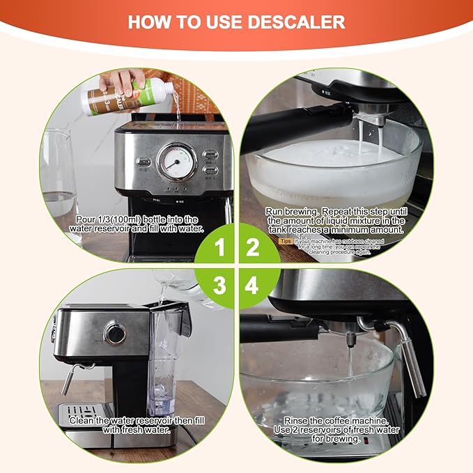 FOLLOWIN Coffee Machine Cleaner and Descaler,Espresso Coffee Maker Cleaner(2 Pack & 6 Uses),Descaling Solution for Espresso Machines and Single Use Coffee Maker
