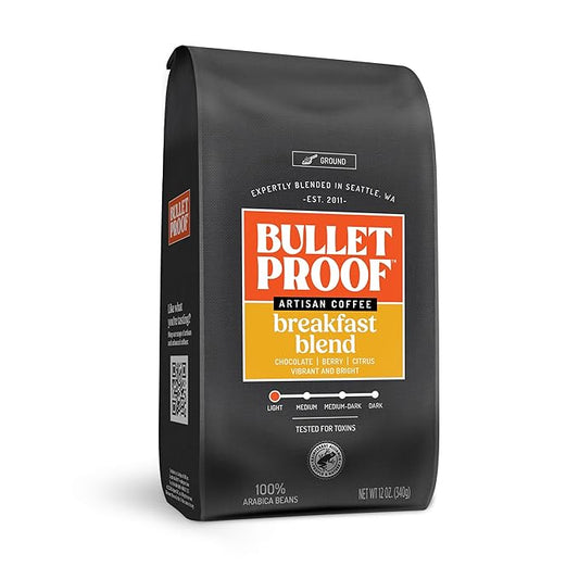 Bulletproof Breakfast Blend Light Roast Ground Coffee, 12 Ounces, Clean Coffee Tested for Toxins, Packaging May Vary