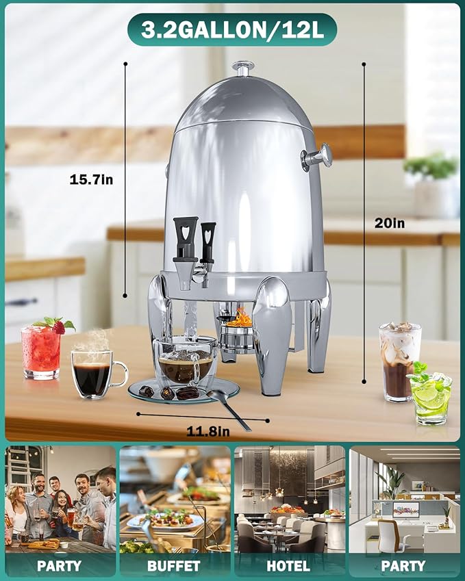 Coffee Urn With Fuel Holder, 3.2 Gallon/12L Stainless Steel Beverage Dispensers for Coffee Tea Hot Water, Hot Drink Dispenser with Stand, Chafer Urn with Spigot for Parties Catering (Silver), N6