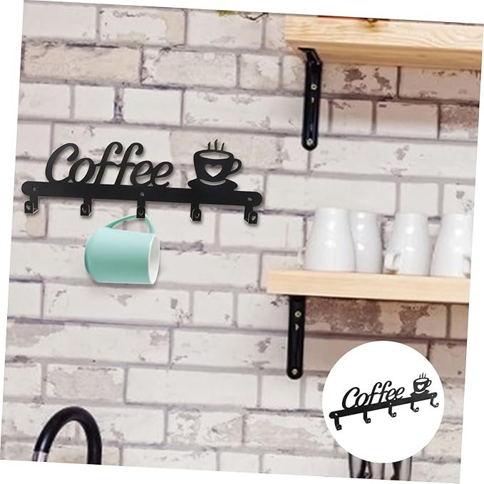 Metal Coffee Cup Hook Rack Decorative Mug Hanging Holder with Coffee Shape Design Easy Install Stable Storage for Kitchen Display and Organization