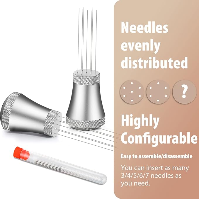 WDT Espresso Distribution Tool Espresso Stirrer Tools for Barista, 0.35mm 7 Needles Espresso Coffee Stirrer with Extra 7 Replaceable Needles, Aluminum Alloy Handle with Stand (Silver)