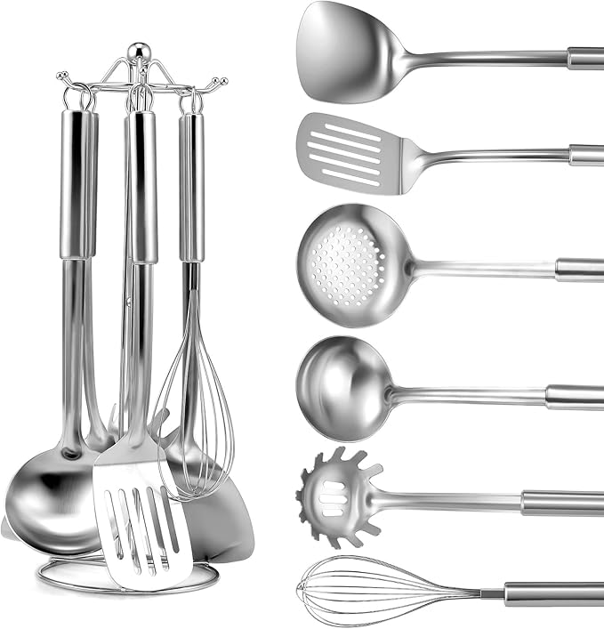 Stainless Steel Kitchen Cooking Utensils Set of 7 - Kitchen Utensils with Hanging Rack, Spatula, Slotted Turner, Soup Ladle, Slotted Spoon, Whisk, Pasta Server, Holder, Dishwasher Safe