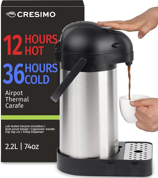 Coffee Carafe with Pump & Drip Tray - 74oz / 2.2L, 12 Hours, Thermal Carafe for Hot Liquids, Water Dispenser, Airpot Coffee Dispenser with Pump, Insulated Air Pot, Large Carafe for Hot Drinks