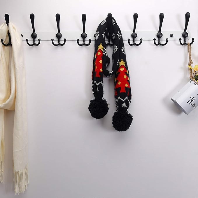 Dseap Coat Rack Wall Mount - 29.5” Long 8-Tri-Hooks Heavy Duty Coat Hanger Rail Wall Hooks for Hanging Coats Hats Clothing Clothes Purse Mudroom Entryway, White & Black, Pack of 2