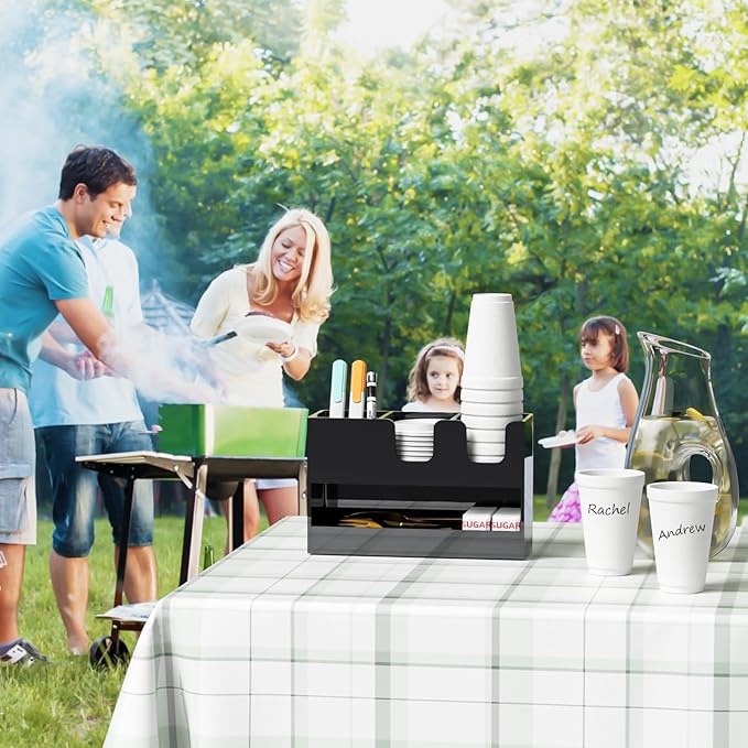 Coffee Condiment and Cup Organizer - 2-Tier Upright Cup and Lid Holder with Straw Organizer 4 Compartments Black Acrylic Cup Dispenser for Restaurant Breakroom Coffee Station Countertop