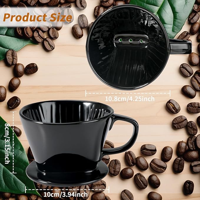 Mongdio Pour Over Coffee Maker, Ceramic Pour Over Dripper, Coffee Pour Over with 3 Holes Flat Bottom, Coffee Accessories for Home, Size 02 Black