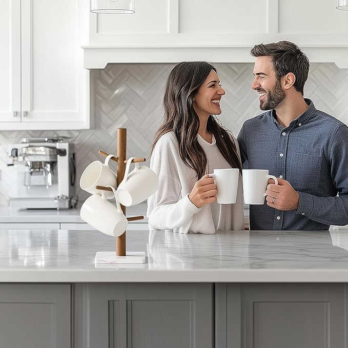 Buruis Wood Mug Holder, Marble Base Cup Rack Tree, Cup Stand Hanger, Kitchen Coffee Mug Tree Countertop Tea Cups Holder Stand, Coffee Mugs Dryer with 6 Hooks, White