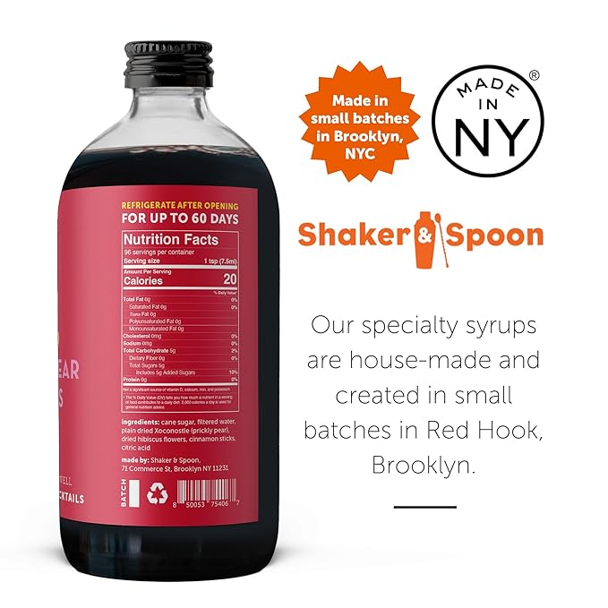 Shaker & Spoon Spiced Prickly Pear Syrup, 16oz Hibiscus Flowers & Cinnamon Flavored Syrups for Drinks, Margarita Mix Alternative, Vegan Craft Cocktail Syrup for Mocktails, Non Alcoholic Drinks