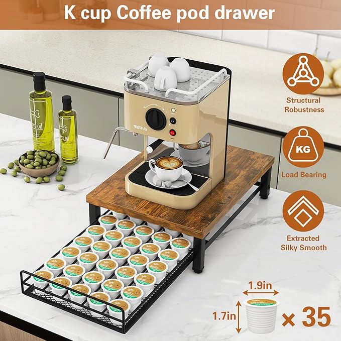 IBUYKE Wooden Coffee Pod Holder for K-Cup, 35 Capacity Capsule Pods Storage,Mullti Coffee Pod Drawer,Home Kitchen Counter Coffee Bar Station Organizer,Brown TCJ001H