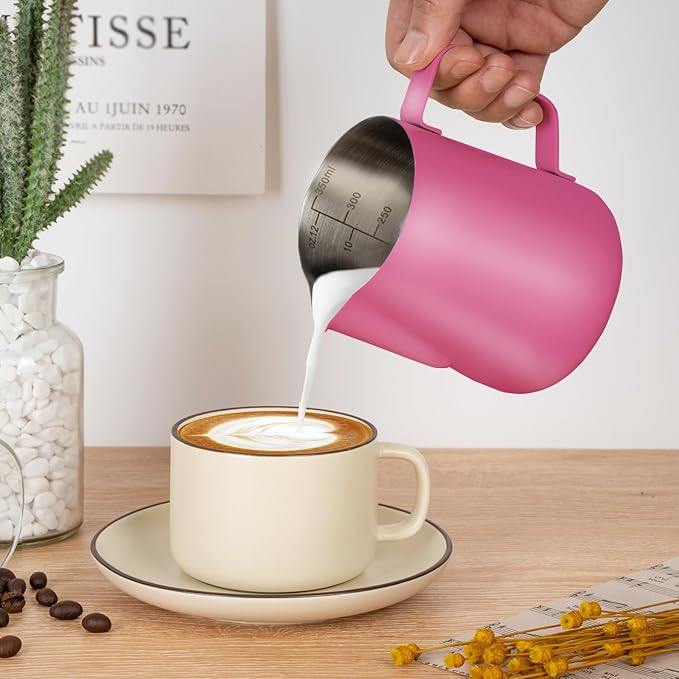 Milk Frothing Pitcher, 12 oz Milk Frother Cup with Clear Scale, 304 Stainless Steel Cappuccino Espresso Machine Accessories for Barista Coffee Bar with Latte Art Pen, Rose Red