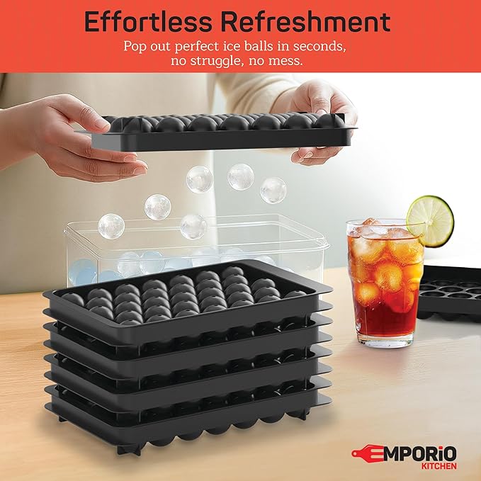 Round Ice Cube Tray Set Pack of 1, BPA-Free Stackable Trays with Lid & Tongs, 33 Ice Balls Per Tray for Whiskey, Drinks, and Cocktails, Quick Release Round Ice Cube Mold, Black