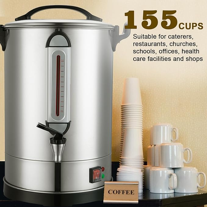 Coffee Percolator Large Coffee Maker 155 Cups Commercial Coffee Urn Electric Industrial Coffee Maker Hot Water Dispenser Tea Maker Machine for Catering, Church, Restaurant Dual Layer Stainless Steel