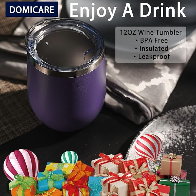 DOMICARE Stainless Steel Wine Tumbler Bulk with Lid, Personalized Insulated Tumblers Set, 12oz Travel Coffee Cups Pack of 8, Purple