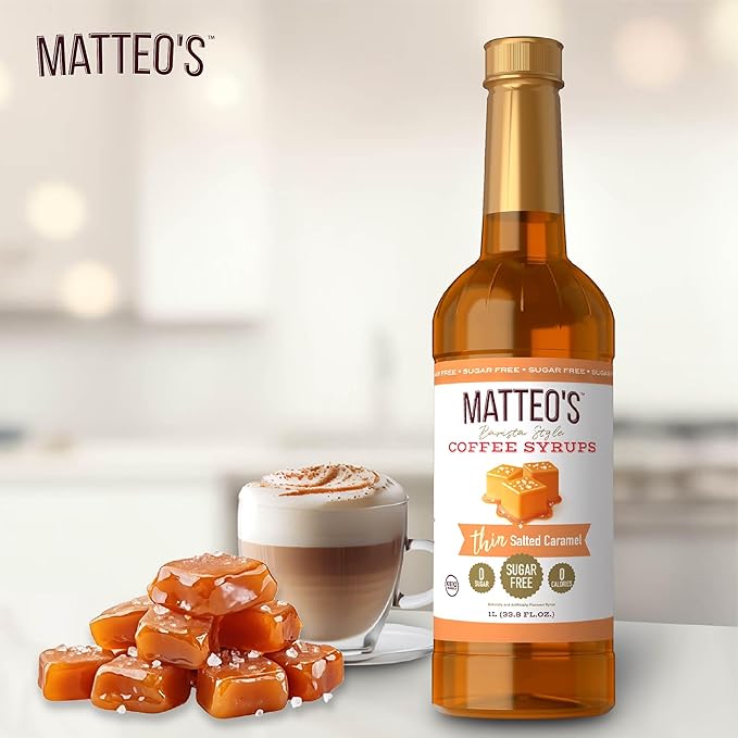 Matteo's Salted Caramel Syrup for Coffee, Lattes, Cappuccinos & Desserts – Sugar-Free Sweetener for Beverages, Keto Friendly, Zero Calories, Indulgent Flavor, Non-Alcoholic, 33.8oz (1pk)