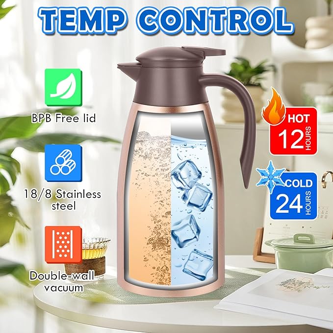 68oz Thermal Coffee Carafe, 2 Pack Airpot Insulated Coffee Urns Stainless Steel Vacuum Thermal Pot Dispenser for Coffee, Hot Water, Tea, Hot Beverage - Keep 12 Hours Hot, 24 Hours Cold (Rose Gold)