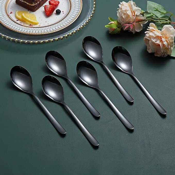 Black Dinner Spoons 6 Piece, 8.1'' Stainless Steel Tablespoons, Soup and Dessert Spoons, Silverware for Home, Kitchen or Restaurant, Dishwasher Safe