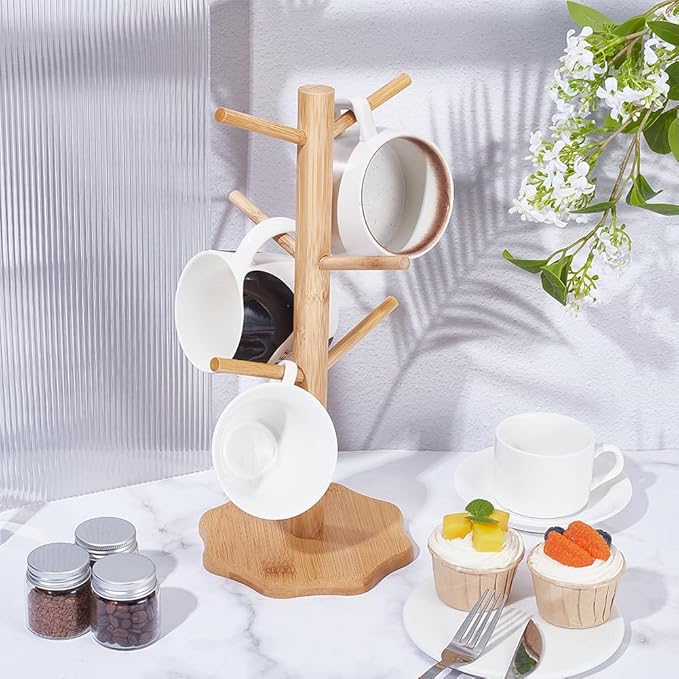 UNICRAFTALE Bamboo Countertop Mug Tree Stand Coffee Cups Holder Bamboo Mugs Racks Under Cabinet 6 Mugs Hooks Under Shelf for Kitchen Coffee Bar Accessories 13.34"x6.88"x7.36"