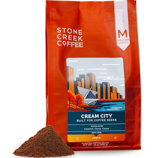 Stone Creek Coffee Medium Roast Ground Coffee – 12 Ounce (Pack of 1) – Specialty Smooth and Sweet Fresh Roasted Coffee Beans with Fruity/Chocolate Tasting Notes, Cream City