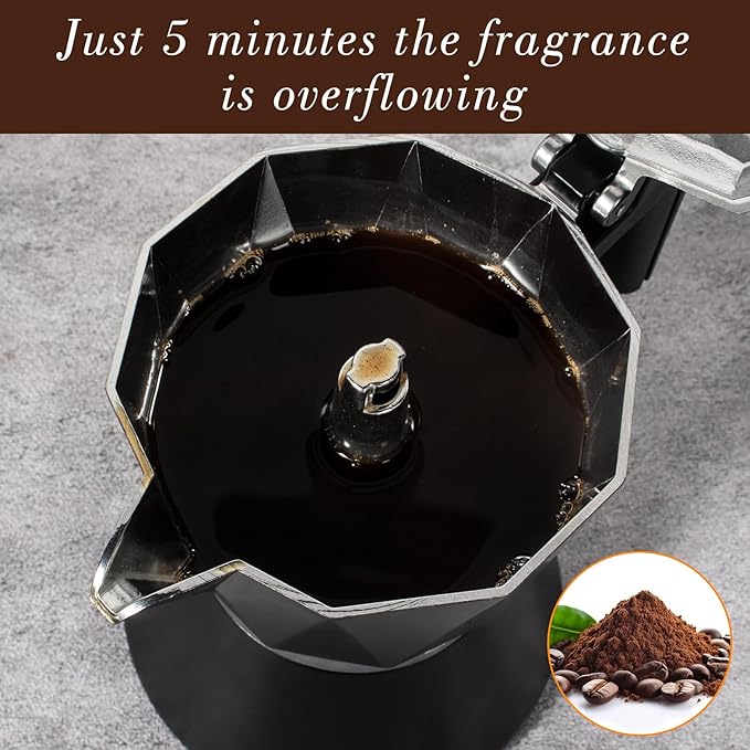 Moka Pot, 6-Cup Espresso Maker, 300ml Portable Stovetop Espresso Maker, Percolator Coffee Pot Compatible with Induction Cooktops, Suitable for Home and Camping (Black)