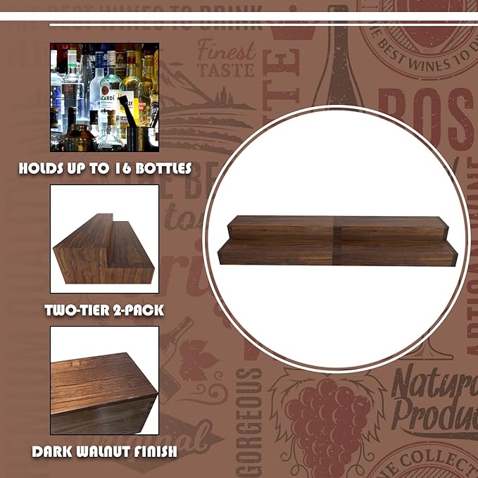 tongmo 2 pack Liquor Bottle Stand - 2 Tier Liquor Bar Bottle Display Shelf, Holds 16Bottles, Real Wood, Easy to Clean, No Installation Required - 15.8 Inch each (Dark Walnut)