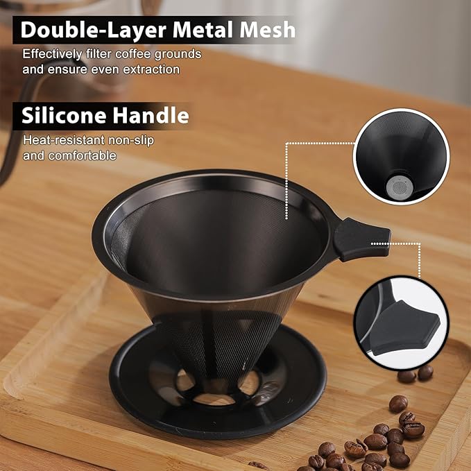 Pour Over Coffee Maker INSINTAR Stainless Steel Pour Over Drip Coffee Filter Paperless Coffee Strainer Reusable Single Cup Coffee Maker 1-4 Cup (Titanium Black)