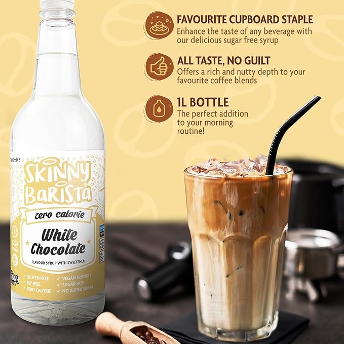 Skinny Food Co White Chocolate Syrup Zero Calorie 35 Fl Oz - Sugar Free Coffee Syrups for Tea, Hot Chocolate, Baking, Protein Drinks - Vegan, Gluten-Free & Fat-Free - Syrups For Coffee Drinks