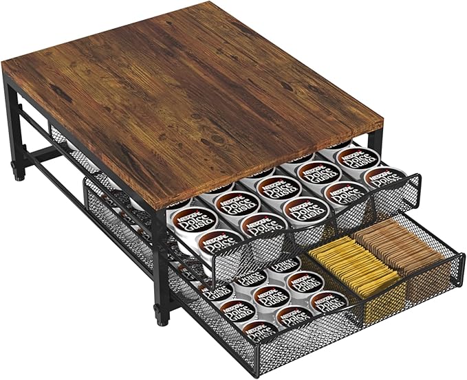 Coffee Pod Holder For Counter, Wooden K Cup Holder with Sliding Drawer, Large Capacity Coffee Pod Storage for Coffee Station, Home, Office, Kitchen