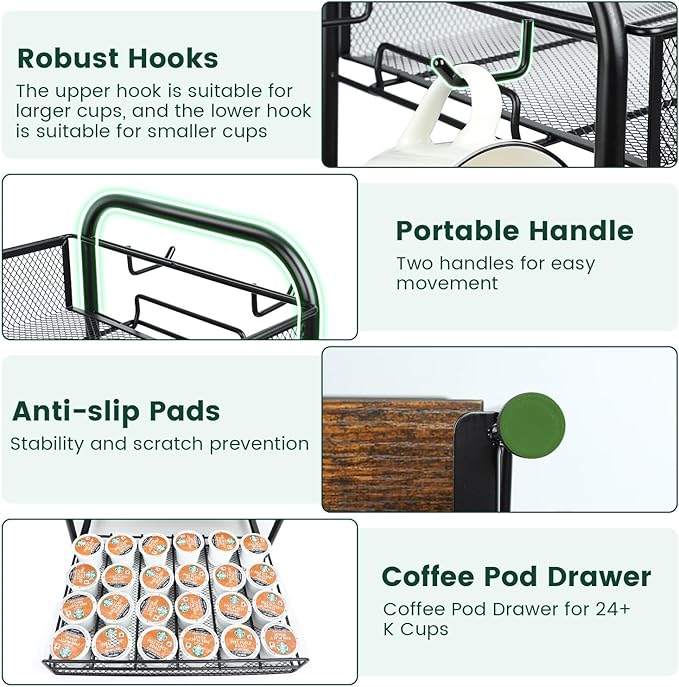 Coffee Bar Organizer, Station Mug Holder for Countertop, Multi-Functional 3 Tier Coffee Cup Tree Rack for Kitchen, Storage Shelf with 10 Hooks, K Cup Pod Drawer for Home Office