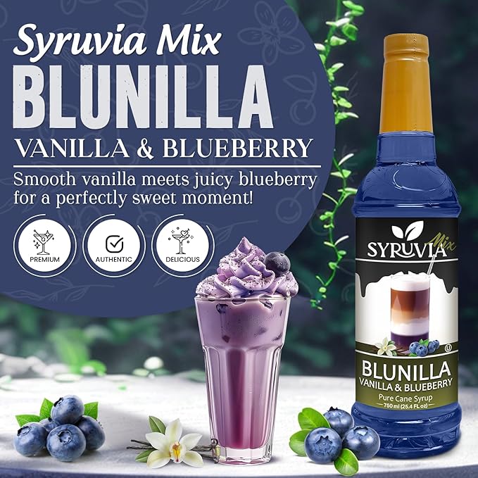 Syruvia Coffee Syrup, BLUNILLA Syrup, Vanilla Blueberry Flavored Syrup for Drinks, Lattes, and Desserts – 25.4 fl oz,