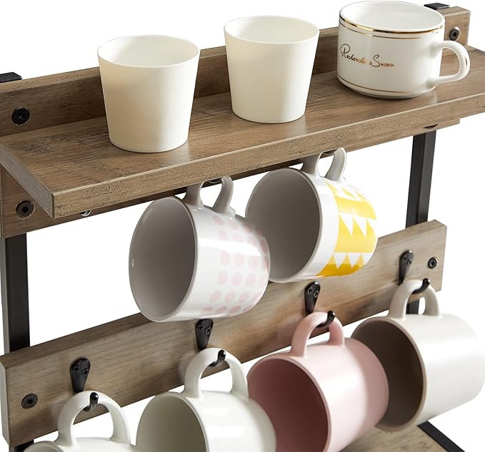 IBUYKE Rustic Coffee Mug Holder Stand, 2 Tier Countertop Mug Tree Holder Rack with Storage Base, Vintage Mug Holders for Kitchen, Holds 8 Mugs, Beige UTBJ002Y