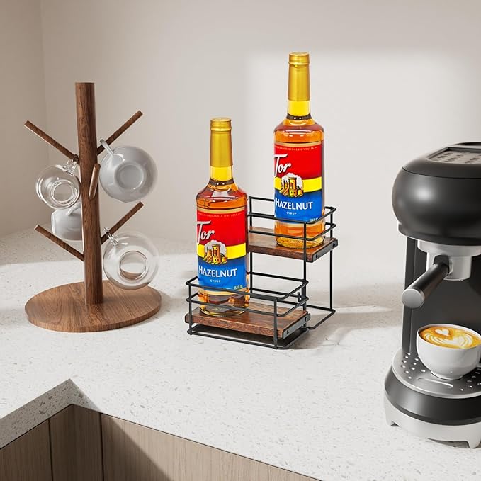 4 Bottle Coffee Syrup Organizer Rack, 2 Tier Coffee Syrup Bottle Stand Holder for Coffee Bar, Installation-free, Liquor Bottle Display Shelf, Coffee Syrup Shelf for Liquor Whiskey Wine Display