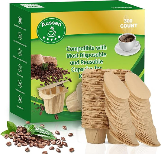 Aussen Disposable Coffee Paper Filters Replacement Kerig Filter Fit All Keurig Single Serve Filter Brands Compatible with Reusable Single Serve Pods Keurig Coffee Maker (Natural with Lid, 300pcs)