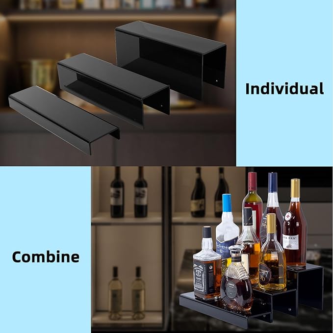 3 Tiers Bar Shelves for Liquor Bottles, 15" Black Acrylic Risers Display Racks Stands for Figures Pops Cupcake Perfume Collections (Patent: D1076520S)