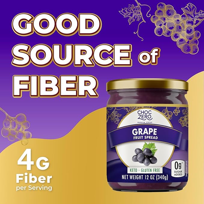 ChocZero Keto Grape Jam, No Added Sugar Fruit Spread Preserves, Concord Jelly, Great Source of Fiber, 12 Ounces (Pack of 1)