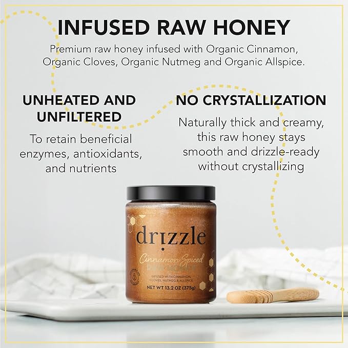 Drizzle Cinnamon Spiced Raw Honey - All Natural Pure Raw Honey with Organic Cinnamon, Unfiltered & Unheated, Use in Tea & Coffee, Sugar Substitute, Certified Kosher - 13.2 oz Jar (375 g)