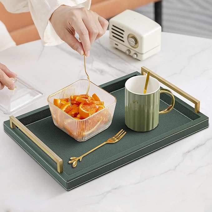 Green Decorative Serving Tray,Rectangular Tray for Coffee Table,Faux Leather Serving Tray with Handles for Ottoman,Shagreen Leather Tray for Bathroom