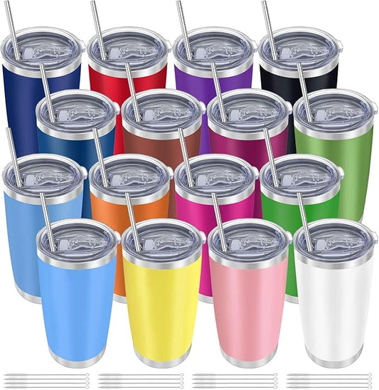 YOUKE OLA 16 Pack Insulated Coffee Tumbler - 20oz Stainless Steel Double Wall Vacuum Travel Tumbler Cup with Lid and Straw for Cold & Hot Drinks (Mixed Colors)