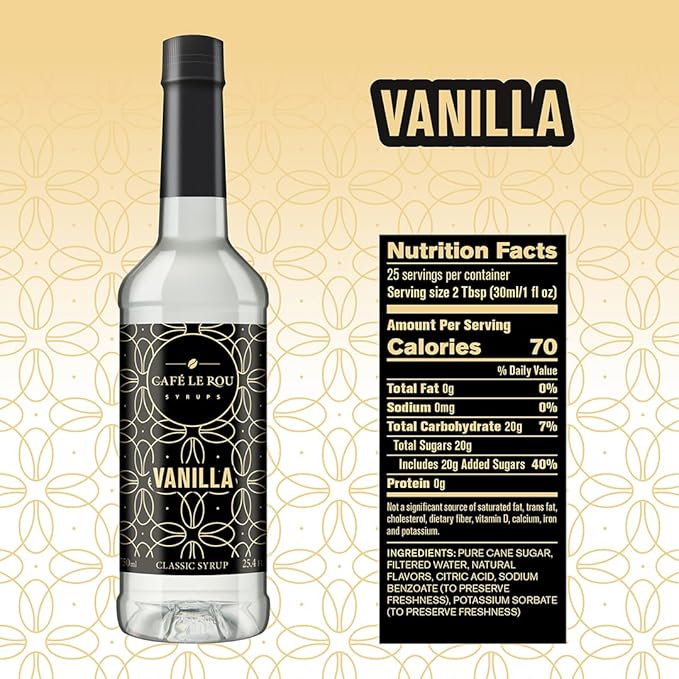 Cafe Le Rou vanilla classic syrup bottle with nutrition facts and ingredient details on yellow patterned background