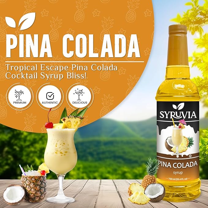 Syruvia Pina Colada Syrup, Flavored Syrup for Cocktails, Drinks, Lemonades, Iced Teas, and Desserts – 25.4 fl oz