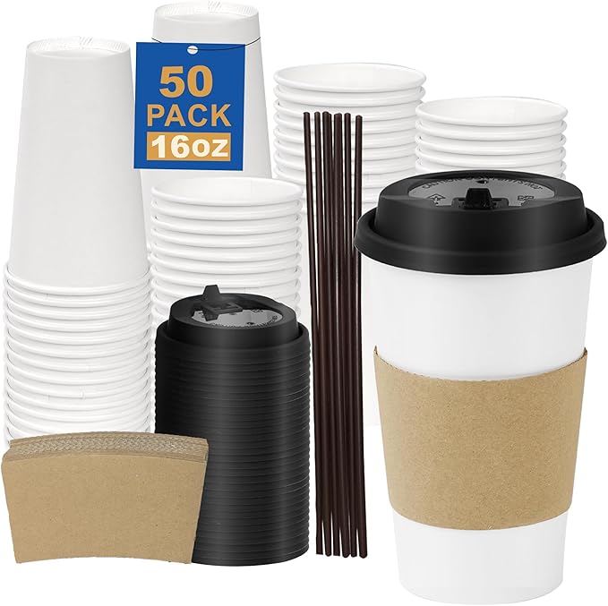 16 oz 50 Pack Coffee Cups with Lids and Sleeves, Straws, Hot Disposable To Go Travel Paper Cups Bulk for Office, Home Coffee Bar Accessories, Chocolate, Cocoa, Beverage (White)