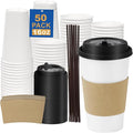 16 oz 50 Pack Coffee Cups with Lids and Sleeves, Straws, Hot Disposable To Go Travel Paper Cups Bulk for Office, Home Coffee Bar Accessories, Chocolate, Cocoa, Beverage (White)