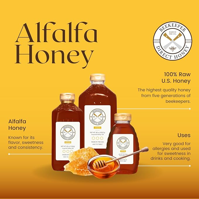 Beekeeper Direct Unfiltered Honey - Real Raw Alfalfa Honey - All Natural Non-GMO Pure Gourmet Honey - Local California Honey (1lbs Squeeze Bottle)